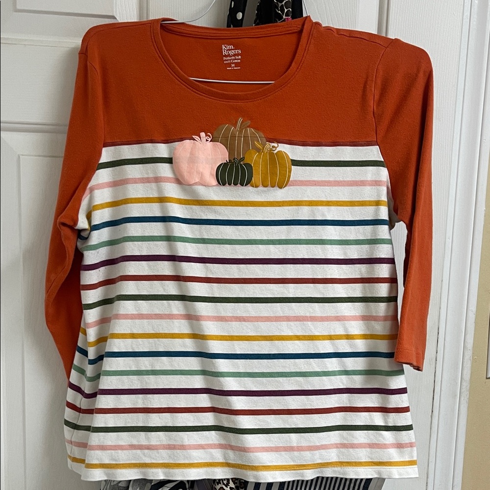 Kim Rogers Orange Multicolor Striped Long Sleeve Tee